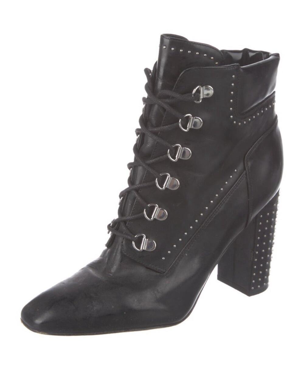 Sigerson Morrison Valora Studded Lace Up Block Heel Booties Womens Sz EU 37.5